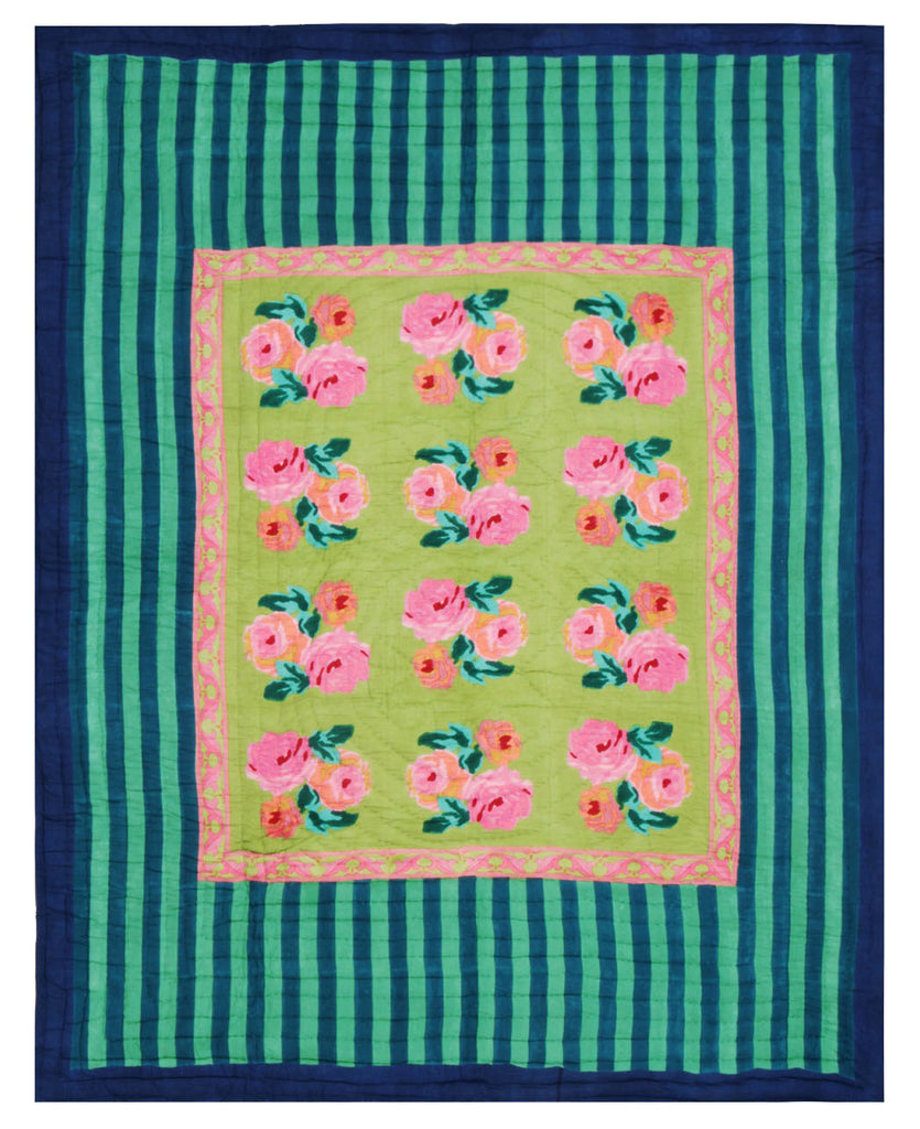 green and blue striped cotton quilt with navy border and roses in center 86" by 106" inches