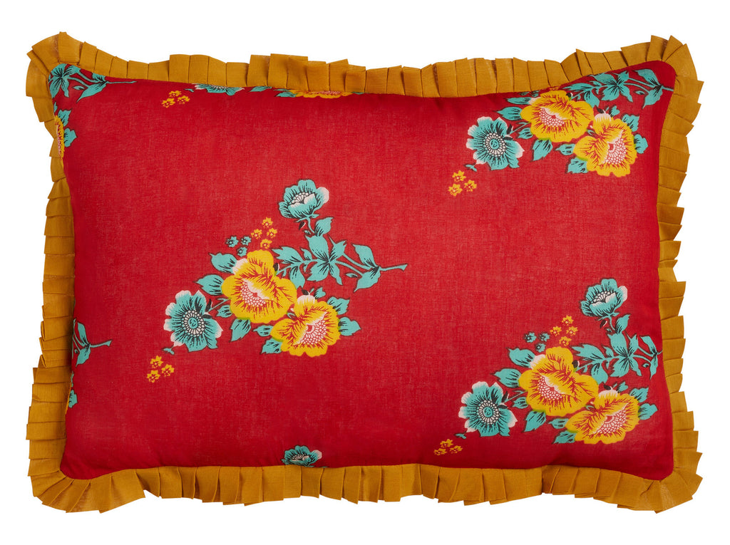 red floral ruffle pillow cover 14 inch detail