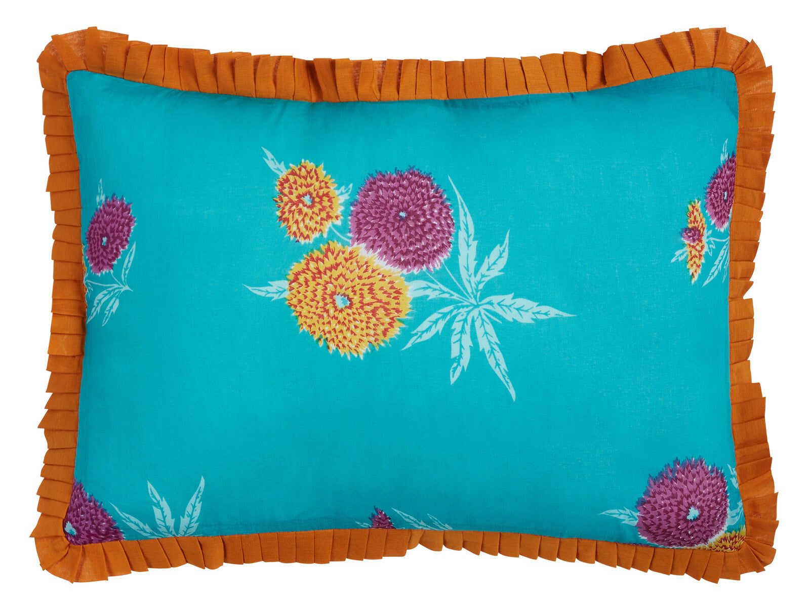 turqoise floral ruffle pillow cover 14 inch front detail