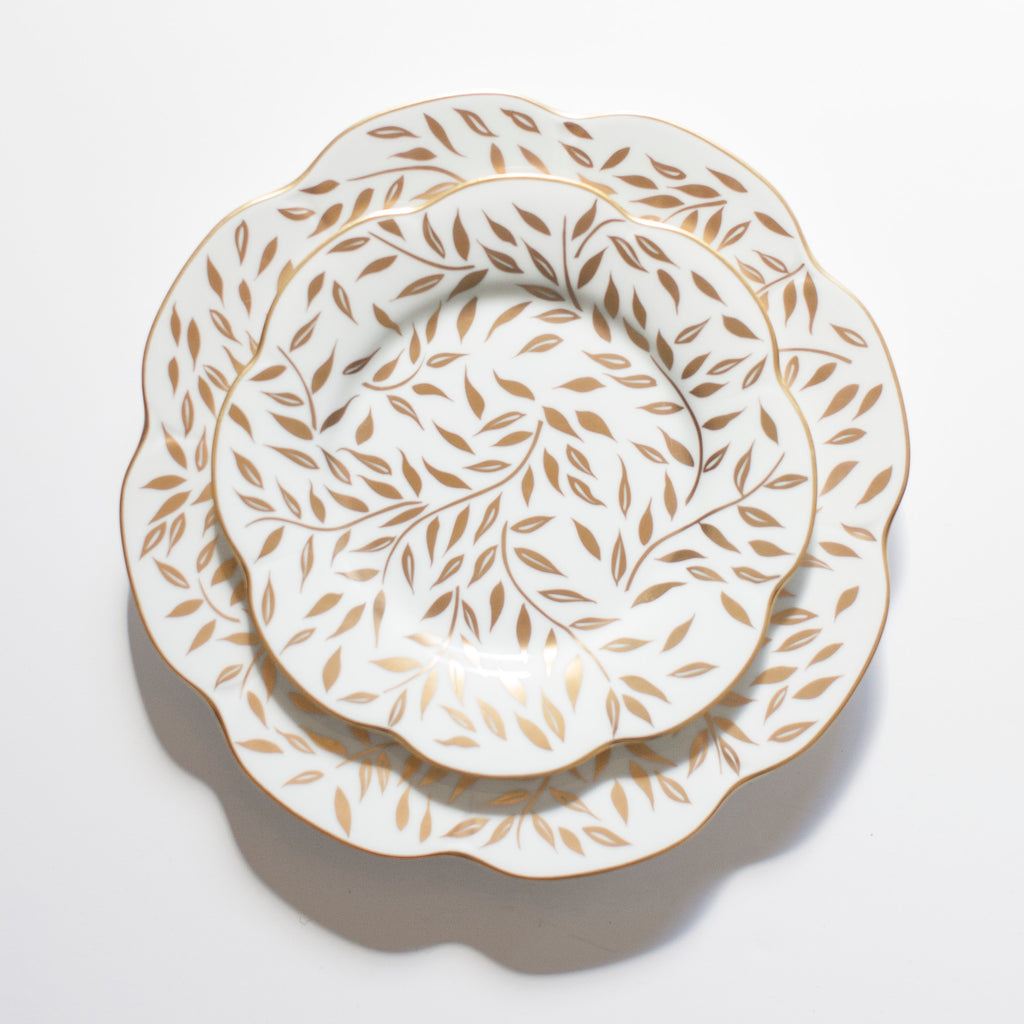 hand painted limoges porcelain salad plate with gold vine pattern and gold rim with dinner plate