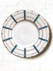 ceramic charger with teal stripes around edge 12.8 inch