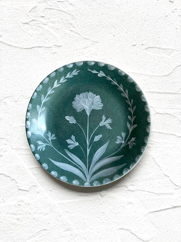 green salad plate with hand painted white floral design