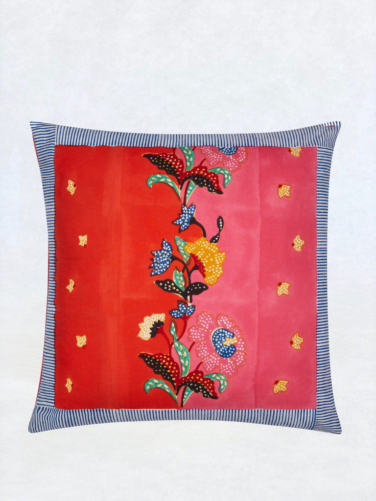 red cotton throw pillow cover with red and yellow roses 23.5" square