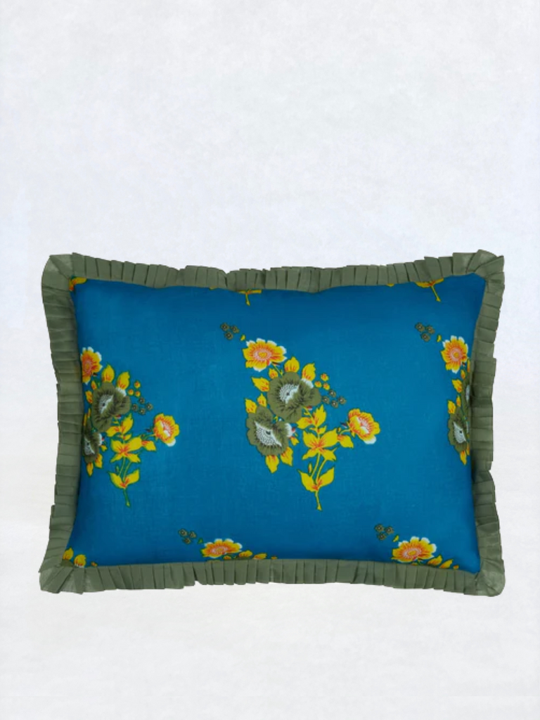 blue throw pillow cover with olive green ruffled edge 14" by 20"