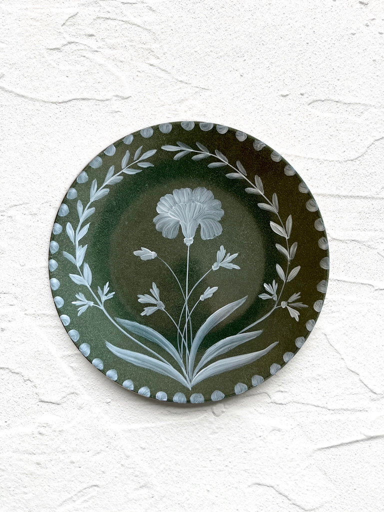 dark green limoges porecelain salad plate with hand painted white floral design
