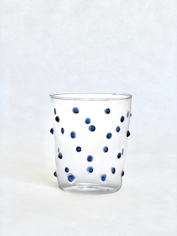 clear glass tumblers with blue glass dots