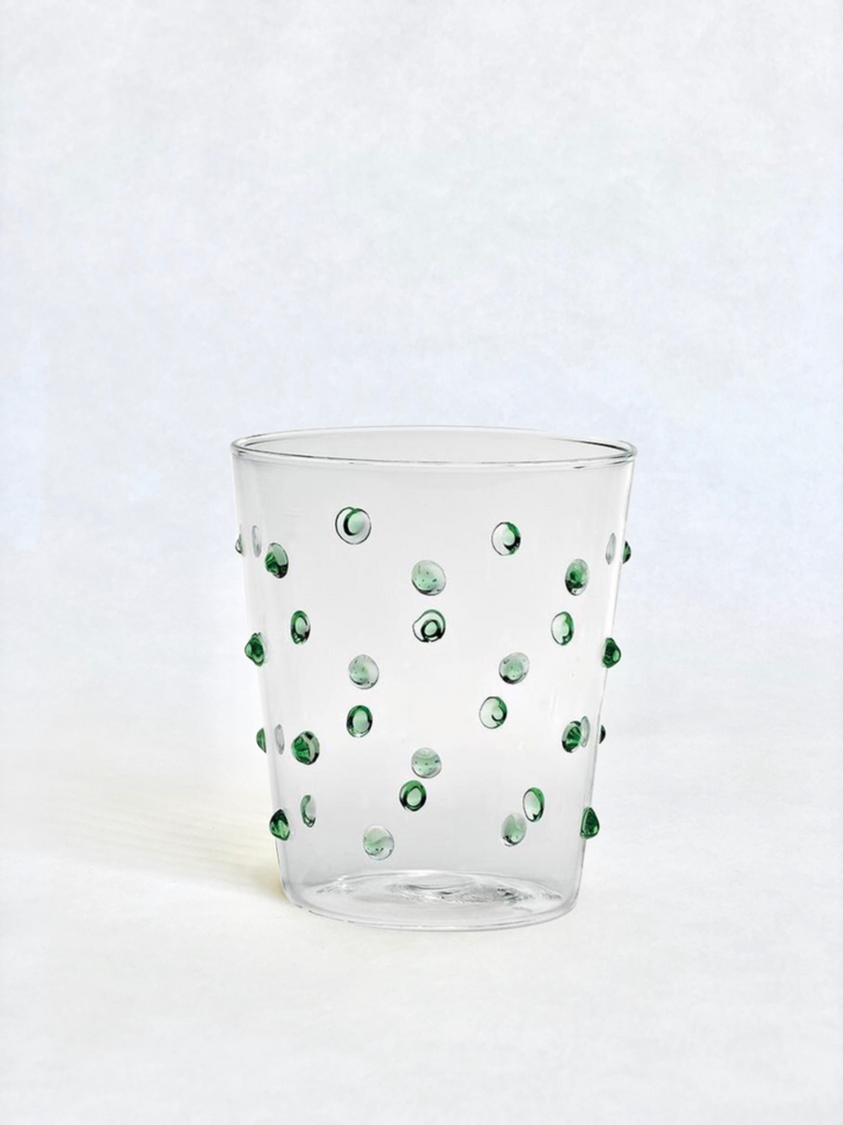 clear glass tumblers with green glass dots 