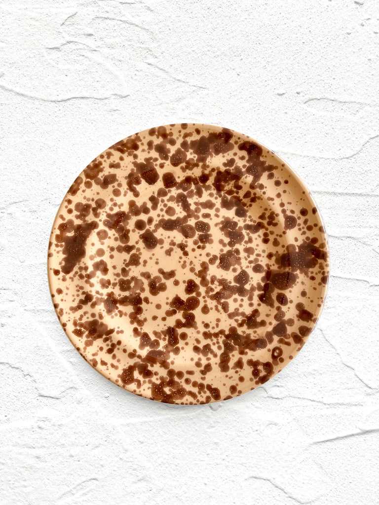 splatter pattern salad plate in brown and tan color 8.5 inch top view