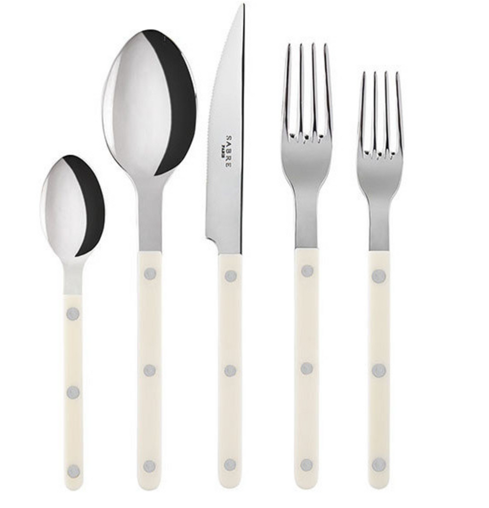 sabre stainless steel flatware set with cream resin handles detail view
