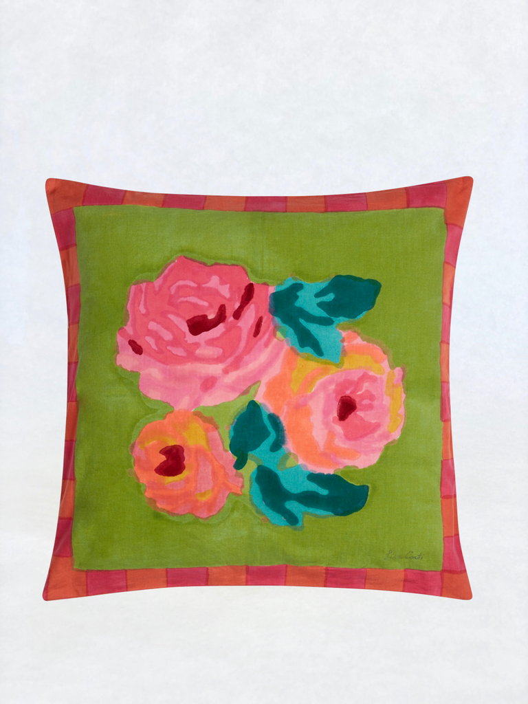 green throw pillow cover with pink border and pink roses in the middle 23.5" square