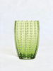 leaf green glass tumbler with white vertical dotten line pattern 4.3 inches tall