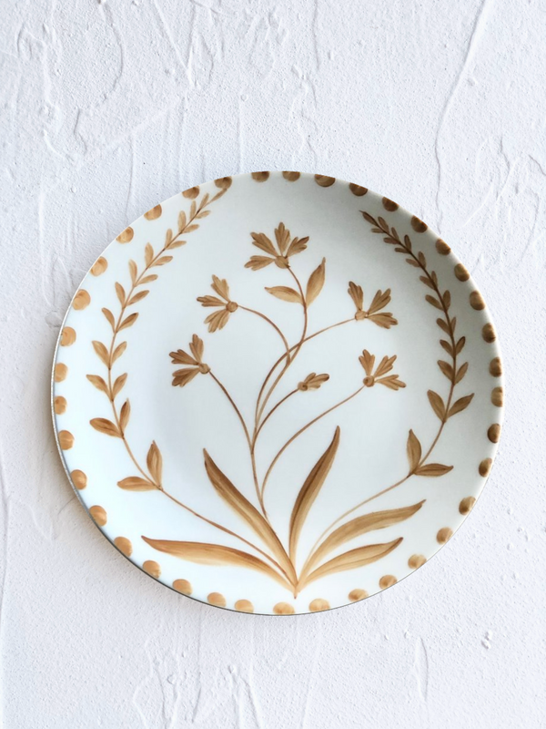white dinner plate with brown hand painted flowers 10.5 inch